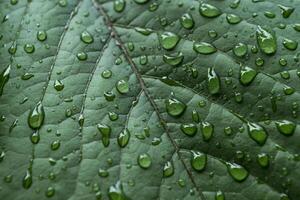 Green leaf covered by raindrops, macro photography. photo