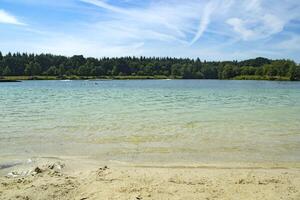 An azure water in forest lake. Summer landscape photo