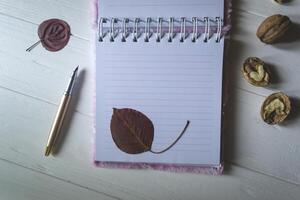 An opened notebook and pen on a desktop with decoration by fallen leaves. Atmospheric autumn background with copy space. photo