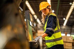 Factory engineer woman standing confident to control panel switch. Worker works at heavy machine at industry factory. worker checking timber of raw wood material. smart industry worker operating. photo