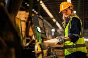 fábrica ingeniero mujer en pie confidente a controlar panel cambiar. trabajador trabajos a pesado máquina a industria fábrica. trabajador comprobación madera de crudo madera material. inteligente industria trabajador operando. foto