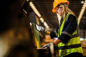 fábrica ingeniero mujer en pie confidente a controlar panel cambiar. trabajador trabajos a pesado máquina a industria fábrica. trabajador comprobación madera de crudo madera material. inteligente industria trabajador operando. foto