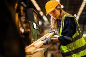 fábrica ingeniero mujer en pie confidente a controlar panel cambiar. trabajador trabajos a pesado máquina a industria fábrica. trabajador comprobación madera de crudo madera material. inteligente industria trabajador operando. foto