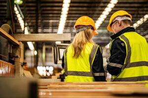 espalda de fábrica ingeniero trabajadores en pie a controlar panel cambiar. personas trabajos a pesado máquina a industria fábrica. con maquinaria equipo planta tecnología. inteligente industria trabajador operando. foto