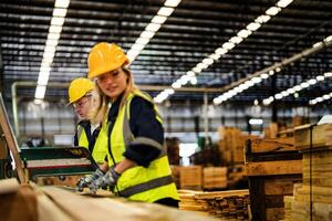 woman cleaning timber wood in dark warehouse industry. Team worker carpenter wearing safety uniform and hard hat working and checking the quality of wooden products at workshop manufacturing. photo