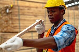 africano trabajador carpintero vistiendo la seguridad uniforme y difícil sombrero trabajando y comprobación el calidad de de madera productos a taller fabricación. hombre y mujer trabajadores madera en oscuro almacén industria. foto