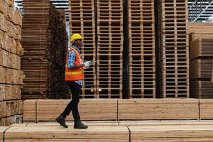 African workers man engineering walking and inspecting with working suite dress and hand glove in timber wood warehouse. Concept of smart industry worker operating. Wood factories produce wood palate. photo