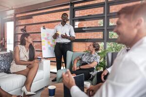 people talk and present the project. Relaxed informal business company meeting. Team leader brainstorming new approaches and ideas with colleagues. Startup business and entrepreneurship concept. photo