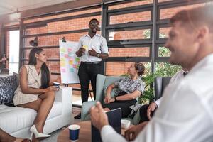 people talk and present the project. Relaxed informal business company meeting. Team leader brainstorming new approaches and ideas with colleagues. Startup business and entrepreneurship concept. photo