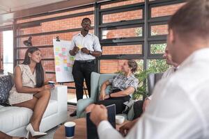people talk and present the project. Relaxed informal business company meeting. Team leader brainstorming new approaches and ideas with colleagues. Startup business and entrepreneurship concept. photo