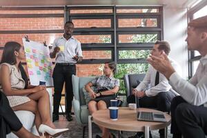 people talk and present the project. Relaxed informal business company meeting. Team leader brainstorming new approaches and ideas with colleagues. Startup business and entrepreneurship concept. photo