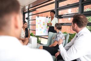 people talk and present the project. Relaxed informal business company meeting. Team leader brainstorming new approaches and ideas with colleagues. Startup business and entrepreneurship concept. photo