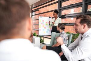 personas hablar y presente el proyecto. relajado informal negocio empresa reunión. equipo líder lluvia de ideas nuevo enfoques y ideas con colegas. puesta en marcha negocio y emprendimiento concepto. foto