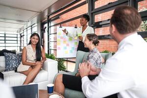 people talk and present the project. Relaxed informal business company meeting. Team leader brainstorming new approaches and ideas with colleagues. Startup business and entrepreneurship concept. photo