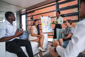 people talk and present the project. Relaxed informal business company meeting. Team leader brainstorming new approaches and ideas with colleagues. Startup business and entrepreneurship concept. photo