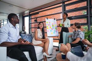 personas hablar y presente el proyecto. relajado informal negocio empresa reunión. equipo líder lluvia de ideas nuevo enfoques y ideas con colegas. puesta en marcha negocio y emprendimiento concepto. foto