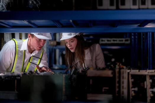 technician engineers team checking the machine and maintenance service. workers looking at spare parts in stock at warehouse factory. laborer with a checklist looking on part of machine parts. photo