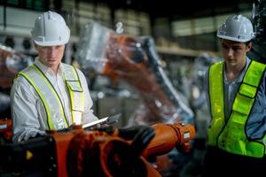 Sales manager and factory owner in suits negotiating selling robots used in the factory. Business engineers meeting and checking new machine robot. Workers walking at warehouse welding machine. photo