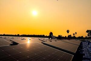 Male workers repair Floating solar panels on water lake. Engineers construct on site Floating solar panels at sun light. clean energy for future living. Industrial Renewable energy of green power. photo