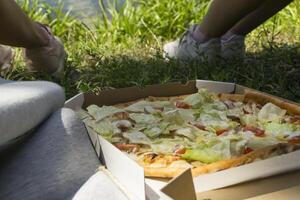 Friends with pizza near the lake. photo