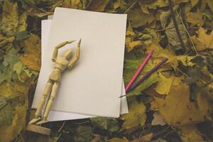 White paper with pencil and dummy for drawing on the autumn leaves. Background with copy space. photo