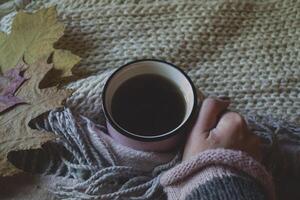 A cup of hot tea and autumn leaves on the warm plaids. photo