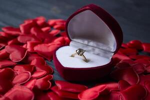 Engagement ring in a red box on a love hearts background. photo