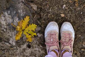 un hembra pies en zapatillas cerca que cae hojas. foto