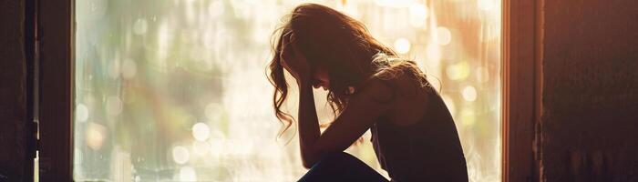 ai generado soledad y dolor, mujer sentado solo, con su cabeza encorvado y su cara oculto en su manos, como Si perdido en su propio pensamientos, generativo ai foto