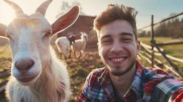 AI generated Selfie photo of a young man with his goat on a farm background, generative AI