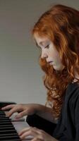 AI generated Portrait of a cute red-haired girl playing the piano on a white background, background image, generative AI photo