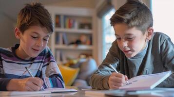 AI generated Collaborative Writing, moment of collaboration as the boy works on his book with a friend or family member at the table, generative AI photo