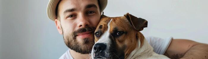 AI generated Selfie photo of a man wearing hat with his dog on a white background, generative AI