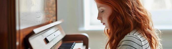 AI generated Portrait of a cute red-haired girl playing the piano on a white background, background image, generative AI photo