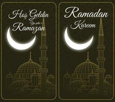 Hos Geldin Ramazan or Ramadan Kareem concept vector. Eminonu New Mosque and crescent moon with islamic pattern. vector