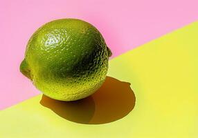 AI generated A lemon on pink and yellow background for mockup design. Contrast colors photo