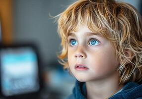 AI generated Boy with beautiful blue eyes. photo