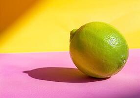 AI generated A lemon on pink and yellow background for mockup design. Contrast colors photo