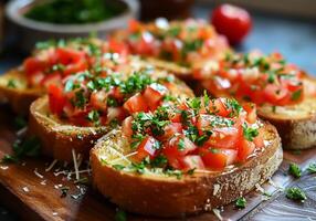 AI generated Bruschetta, traditional Italian dish with fresh flavors and very popular in Italy. photo