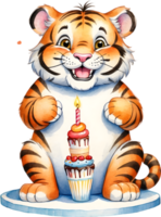 ai generato tigre con torta acquerello png