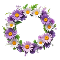 AI generated watercolor purple daisy wreath on transparent background png