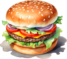 ai gegenereerd waterverf illustratie van een Hamburger Aan een transparant achtergrond png