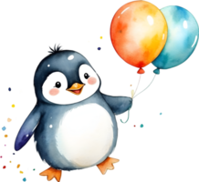 AI generated penguin with balloons watercolor illustration png