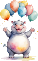 AI generated hippo  with balloon  watercolor png