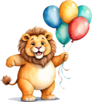 AI generated a cartoon lion holding up balloons on a transparent background png