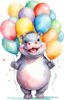 AI generated hippo  with balloon  watercolor png