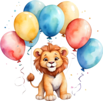 AI generated a cartoon lion holding up balloons on a transparent background png