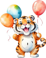 ai généré content anniversaire tigre avec des ballons aquarelle illustration png
