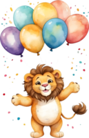 AI generated a cartoon lion holding up balloons on a transparent background png