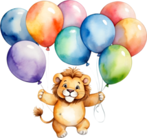 ai generado un dibujos animados león participación arriba globos en un transparente antecedentes png